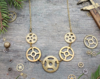 Steampunk Zahnrad Halskette: Antike Messing Zahnräder, goldene Kette. Gold Unisex Techniker Geek Schmuck Geschenk, Burning Man Festival Schmuck