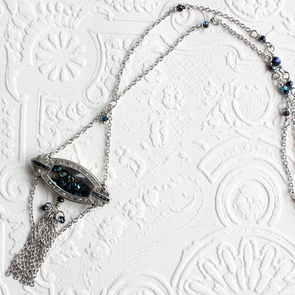 Art Nouveau - Art Deco - Silver Etched Antique Watch Case Necklace Tassel with Diamonds and Sapphire - Wedding Necklace 1920 1930