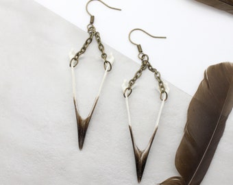 Dangling Real Natural Carrion Crow Beak Earrings with Bronze Chains, Real Animal Alternative Taxidermy Jewelry, Halloween Witch Earrings