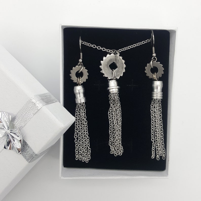 Long Silver Necklace in Stainless Steel Steampunk Silver Necklace Gear Necklace Gift for Her Tassel Necklace