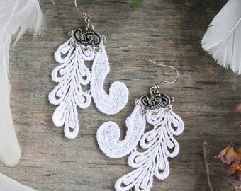White Lace Statement Earrings with Hypoallergenic Stainless Steel Hook, Lightweight Oversize Earrings, Crochet Tatted Wedding Boho Earrings