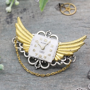 Steampunk Brooch with Gold Wings and Vintage Watch Dial, Watch Parts Brooch, Flying Steampunk Jewelry Lapel Brooch, Time is flying