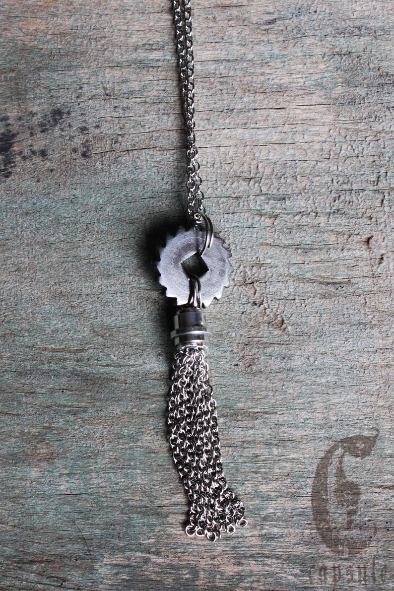 Long Silver Necklace in Stainless Steel Steampunk Silver Necklace Gear Necklace Gift for Her Tassel Necklace