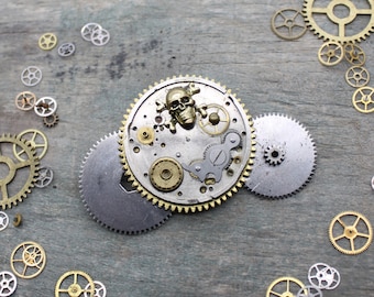 Steampunk Pirate Brooch with Antique Brass and Silver Clock Gears and Cogs, Watch Parts and Gold Skull and Crossbones. Upcycled Jewelry