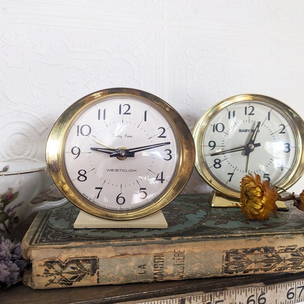 Vintage off white and gold Baby Ben by Westclox Windup Alarm Clock. Mechanical Mid Century Tabletop Shelf Clock. Nightstand Bedroom Decor