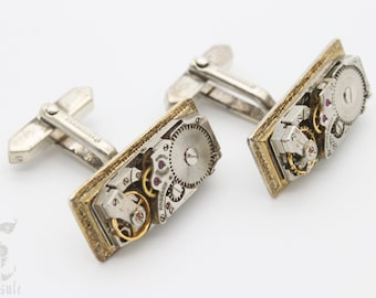 Vintage Sterling Silver Cufflinks with Antique Watch Movement, Steampunk Cufflinks, Wedding Cufflinks, Rectangle Shaped Cufflinks