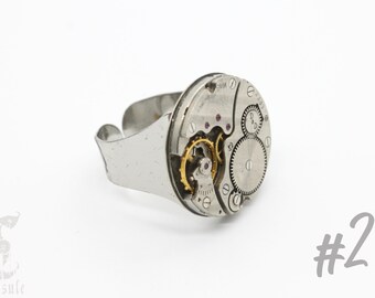 Bague Steampunk industriel argent avec mouvement de montre, Bague