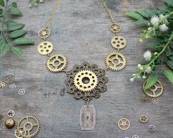 Steampunk Necklace with Real Antique Brass Clock Cogs, Watch Dial and Bronze filigree. Romantic Steampunk Jewelry. Cosplay Gear Necklace.