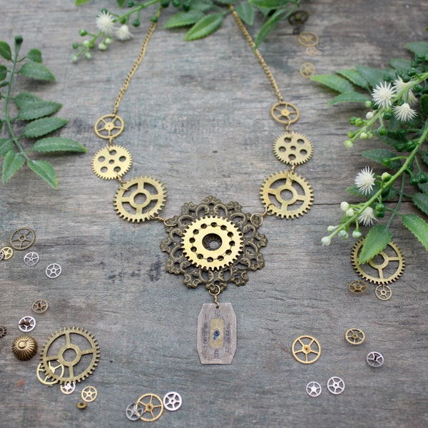 Steampunk Necklace with Real Antique Brass Clock Cogs, Watch Dial and Bronze filigree. Romantic Steampunk Jewelry. Cosplay Gear Necklace.