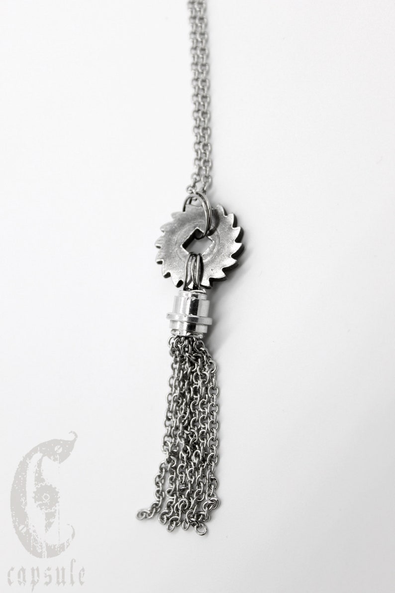 Long Silver Necklace in Stainless Steel Steampunk Silver Necklace Gear Necklace Gift for Her Tassel Necklace