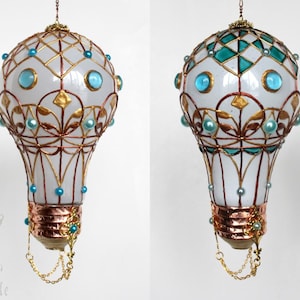 Light Blue Teal Holiday Christmas Tree and Window Decorative Ornament. Frost White Stained Glass Style Upcycled Light Bulb Hot Air Balloon