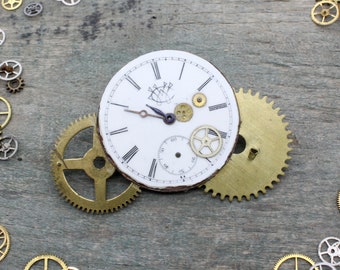 Steampunk Brooch with Antique Porcelain Pocket Watch Dial Face and Brass Gears Cogs, Industrial Burning Man style summer festival Jewelry