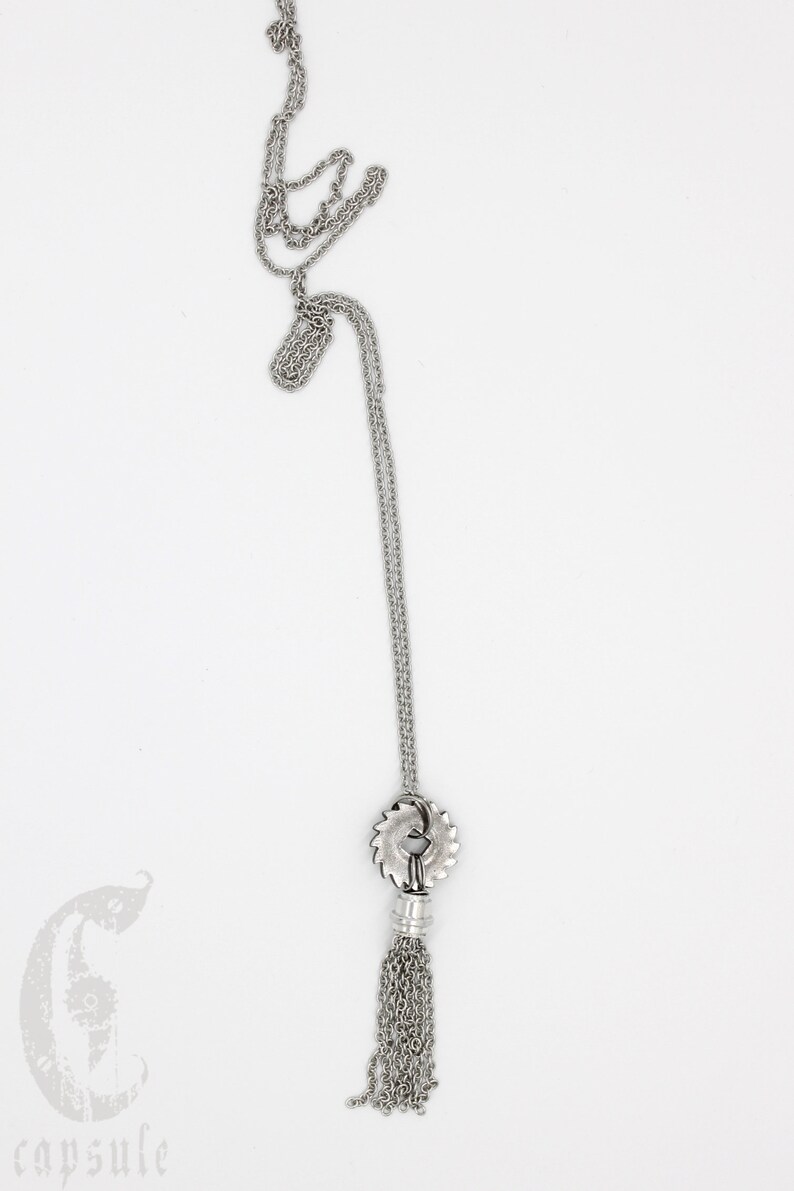 Long Silver Necklace in Stainless Steel Steampunk Silver Necklace Gear Necklace Gift for Her Tassel Necklace