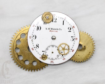 Steampunk Brooch with Antique Porcelain Pocket Watch Dial Face and Brass Gears Cogs, Industrial Burning Man style summer festival Jewelry