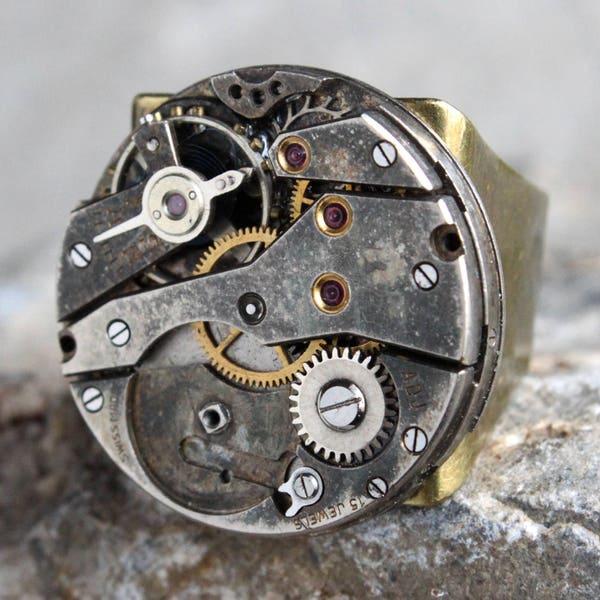 Steampunk Industrial Silver Round Adjustable Ring with Antique 15 jewels Swiss Watch Movement, Men's Ring