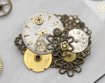 Steampunk Bronze Brooch with Watch Dial Face and Brass Gears Wheels, Watch Parts Brooch, Steampunk Jewelry, Time Inspired Brooch Accessory