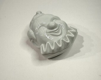 Vintage white Ceramic Happy Clown Face Trinket lidded dish. Made in JAPAN