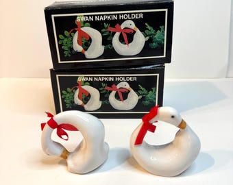 Vintage white ceramic swan napkin rings set of 8z swans with red bows