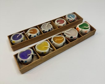 10 Vintage Miniature Tiny Candles in Porcelain Heart and circle holders. Trinket shelf