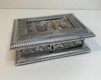 Indian oxidized metal collectible box. Well made silver tone floral hinged box.