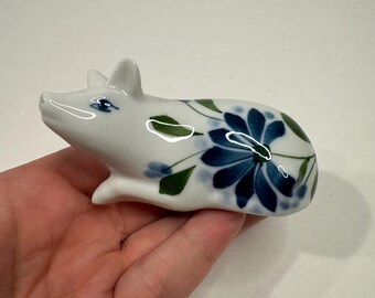 Vintage Hand Painted Dansk Sage Song Mini Pig Figurine. Floral blue white pig trinket
