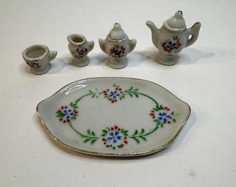 Vintage Miniatur-Teeservice aus der Zeit des besetzten Japans, 5-teilig, florales Porzellan, Puppenhaus-Set