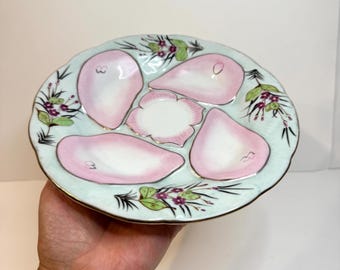 Vintage Nippon Oyster plate, hand-painted, roses, dogwood, pink. Oyster serving dish. Porcelain seafood serving plate.