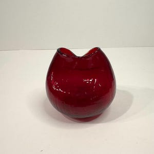 Vintage mid-century modern Blenko crackle ruby red hand-blown pinched neck vase