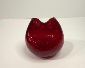 Vintage mid-century modern Blenko crackle ruby red hand-blown pinched neck vase