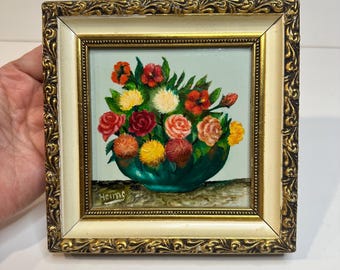 Vintage floral still life painting on tile framed. Gallery wall signed painting