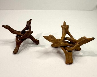 2 Vintage Hand Carved Wooden Cobra Tripod Stand Interlocking Display Holder