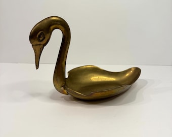 Vintage mid-century solid brass swan trinket dish. Whimsy jewely tray