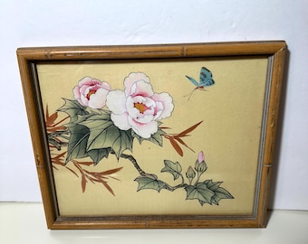 Vintage Asian Silk Painting Floral Butterfly