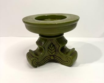 Vintage retro olive green ceramic pillar candle holder plant stand.