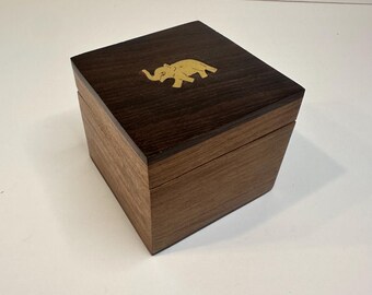 Vintage wood trinket box with brass elephant inlay. Brass inlay. hinged box
