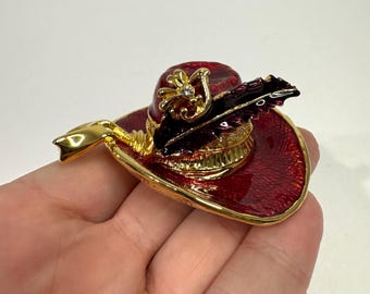 Vintage Red Hat Society gold-tone enameled hat trinket box rhinestones. Hinged pill box