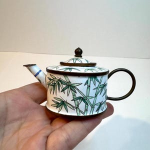 Vintage Miniature Enamel Teapot Bamboo Theme. Trinket Box