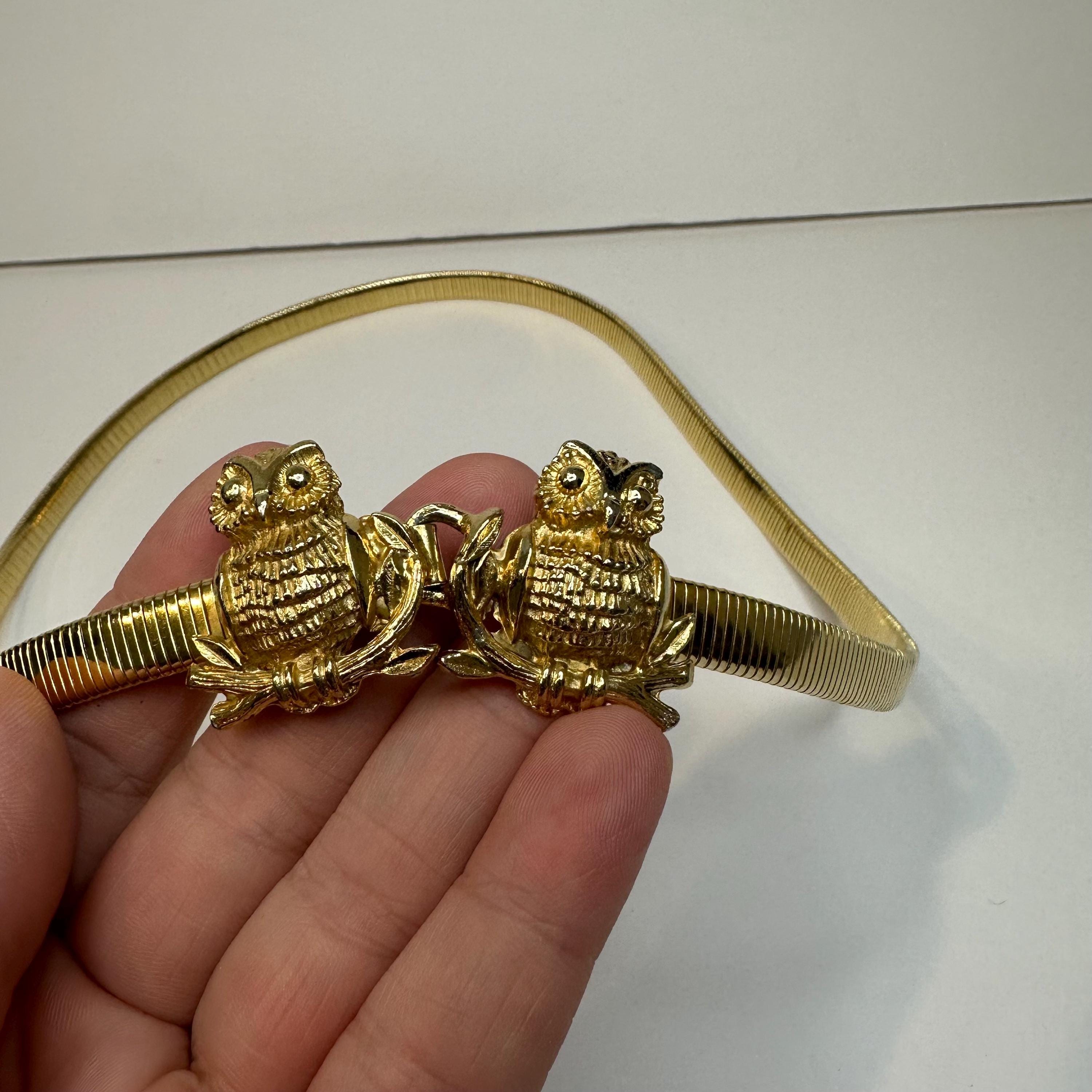 Vintage Mimi Di N Gold Tone Belt Stretch Chain Owl Pair 1975 Skinny Belt 28\