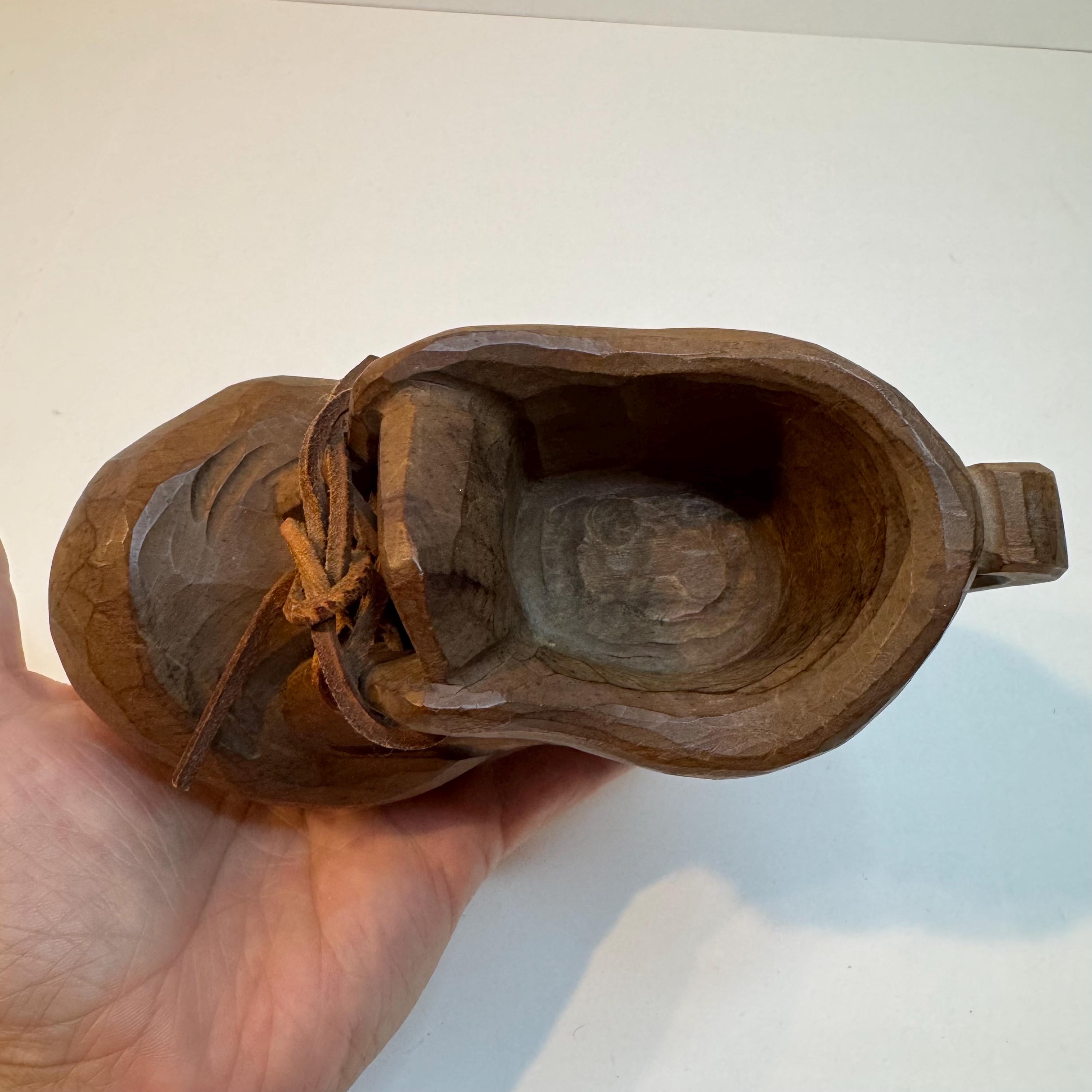 Vintage Carved Wood Shoe Trinket. Folk Art Work Boot With Leather