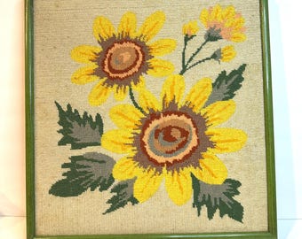 Vintage sunflower Floral Framed needlepoint Cross stitch. Crewel Embroidery sunflower