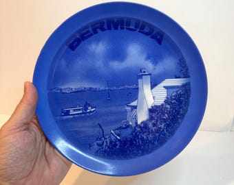 Vintage blue and white souvenir display plate scenic coastal Bermuda. travel plate wall. souvenir plate