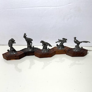 5 Vintage Miniature Pewter animals Collectible. Animal figurine decor. Pewter on wood