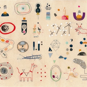 May include: A beige canvas with a variety of colorful abstract shapes and designs. The shapes include circles, squares, triangles, and lines. The colors include red, blue, green, yellow, and black. The designs are whimsical and playful.