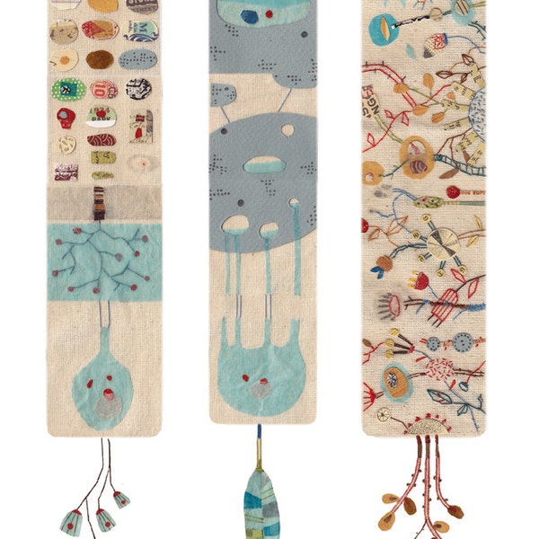 Set of 3 Illustrated bookmarks nature inspiration birds and flowers