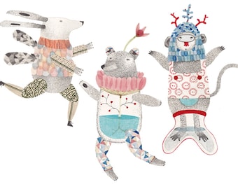 Set of 3 articulated paper puppet dolls DIY