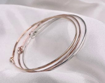 Bracelet Stack Sterling Silver and 14K Gold Filled Bangle Set, Mixed Metal Jewelry, Clasp Bangle Bracelet