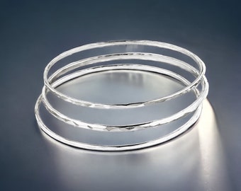 Set of 3 Sterling Silver Stacking Bangles with a Faceted Finish