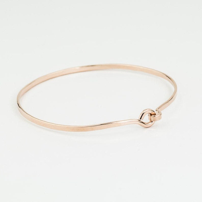 thin 14K rose gold fill bangle bracelet with hook and eye enclosure system