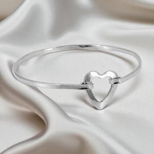 Open Heart Bangle Bracelet Sterling Silver, Hinged Stackable Bracelet