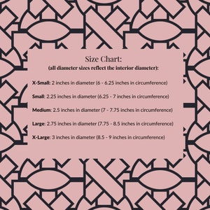 May include: Size chart for a product with different sizes, measured in inches. The chart shows the interior diameter and circumference of each size: X-Small (2 inches), Small (2.25 inches), Medium (2.5 inches), Large (2.75 inches), and X-Large (3 inches).